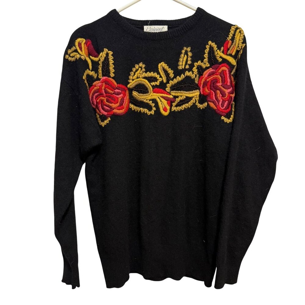 Eminent Womens Black Sweater With Red Yellow Floral Embroidery Wool Blend Medium
